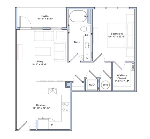 Floor plan for 1 bed, 1 bath, 766 sqft